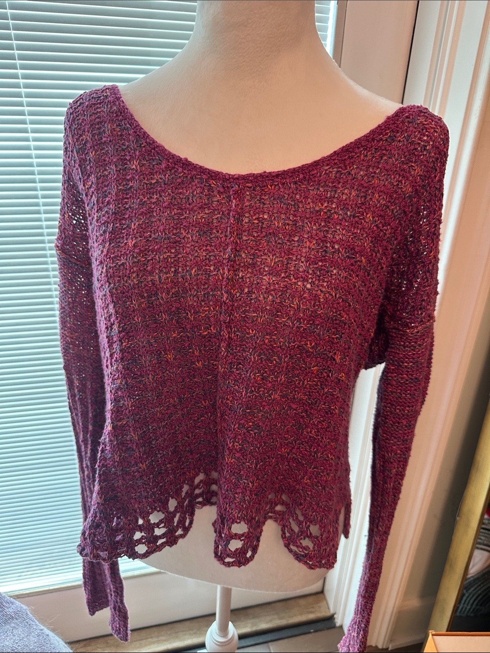 Free People Marled Berry Openwork Hem Sweater